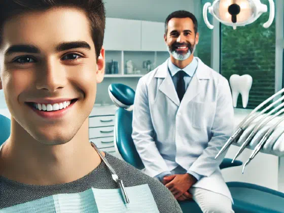 A smiling patient in a dental chair while their dentist looks on in a bright treatment room at Alta Loma Dental Care.