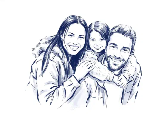 Ink illustration of a smiling mother and father with their young daughter riding piggyback