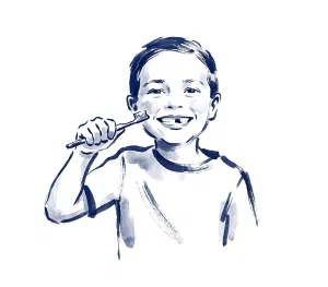 Ink illustration of a smiling child holding up a toothbrush