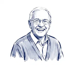 Ink illustration of a laughing grandfather in glasses and a cardigan