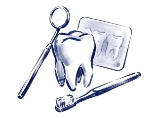 Ink illustration of a molar, dental mirror, X-ray film and toothbrush