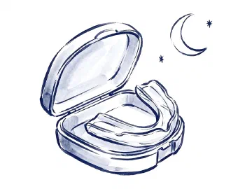 Ink illustration of a clear night guard in its case under a crescent moon