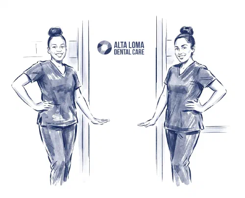 Ink illustration of two team members welcoming patients at the Alta Loma Dental Care front door, with the logo on the glass