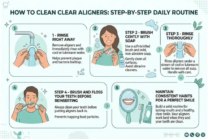 Illustration on How to clean clear aligners